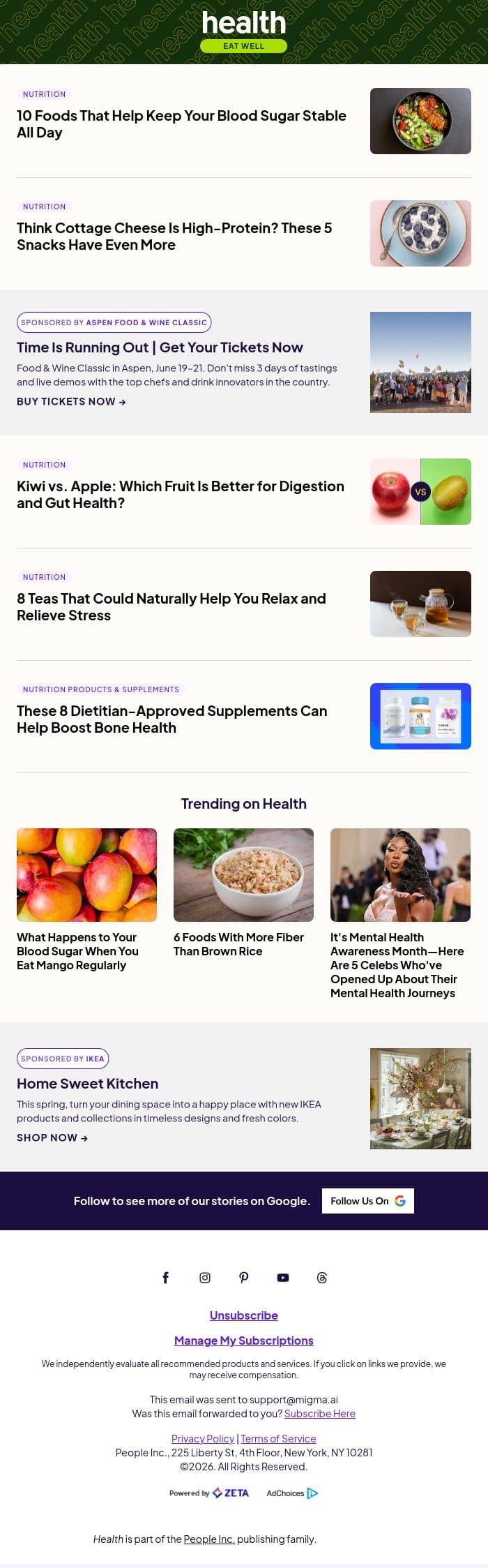 10 Foods That Can Help Keep Your Blood Sugar Stable All Day email from Shape screenshot