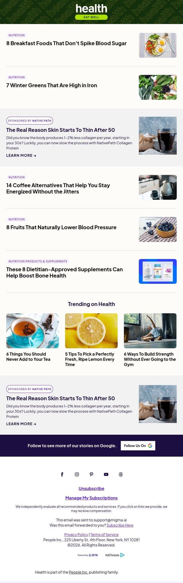8 Breakfast Foods That Don't Spike Blood Sugar email from Shape screenshot