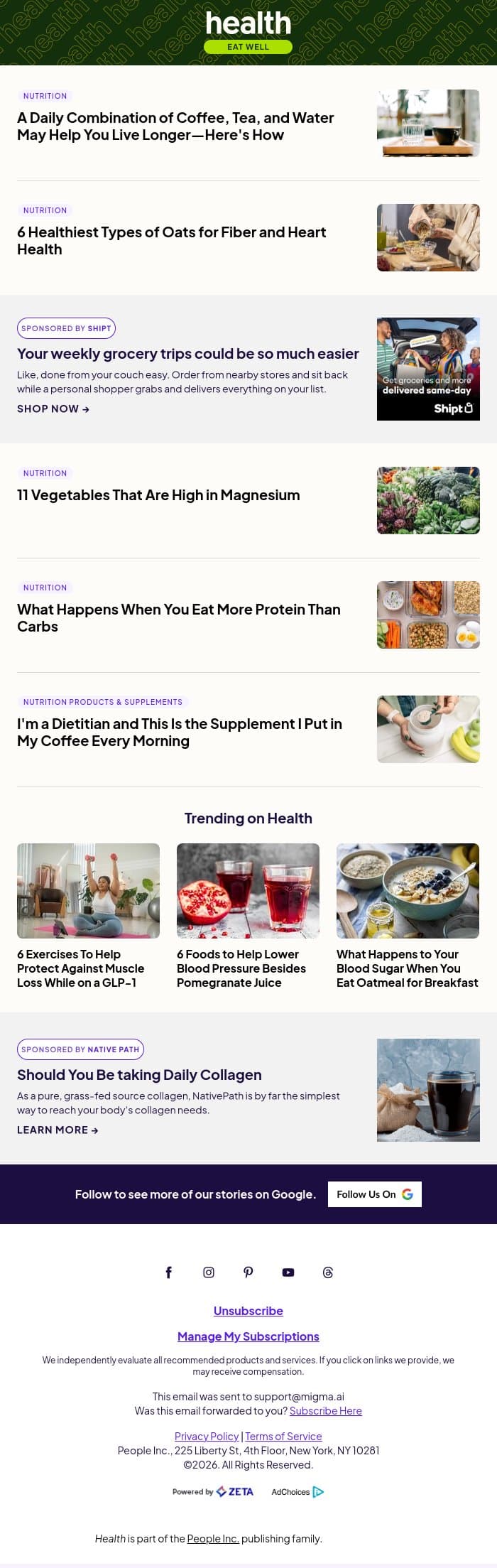 A Daily Combination of Coffee, Tea, and Water May Help You Live Longer email from Shape screenshot