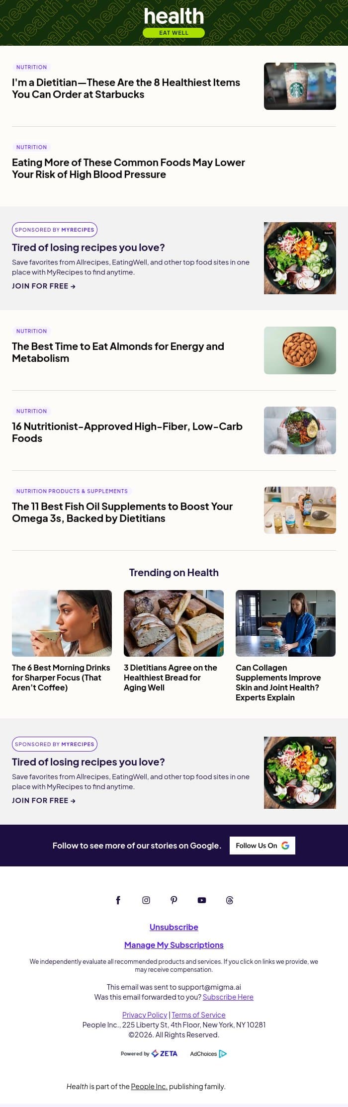 8 Healthy Items You Can Order at Starbucks email from Shape screenshot