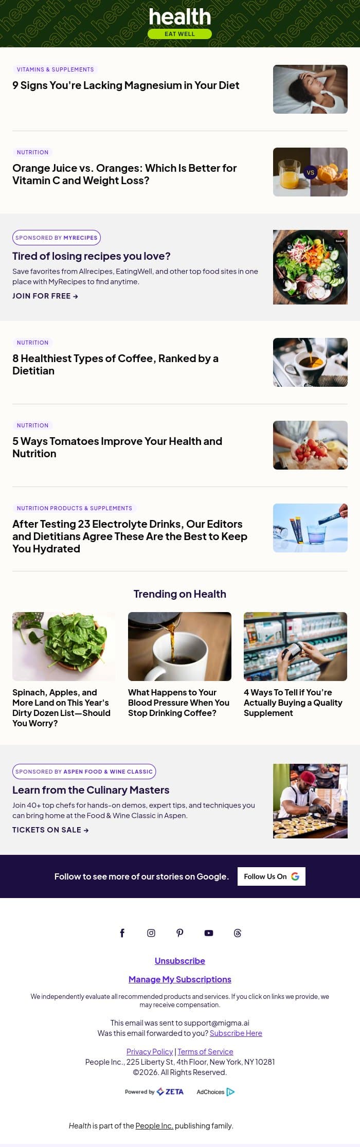 9 Signs You're Lacking Magnesium in Your Diet email from Shape screenshot