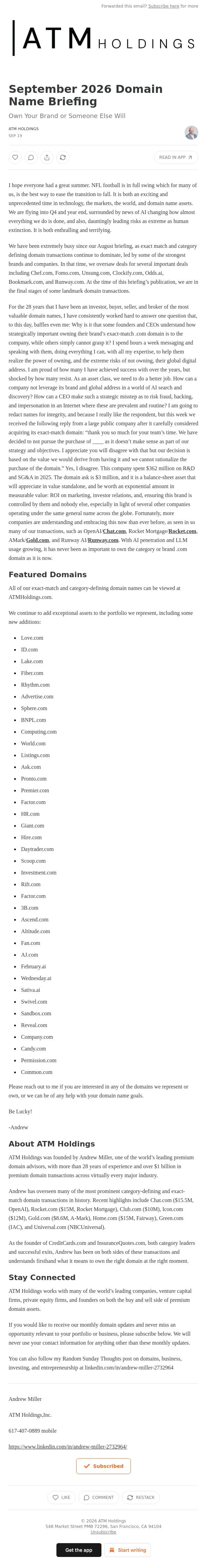 September 2026 Domain Name Briefing email from Shed screenshot
