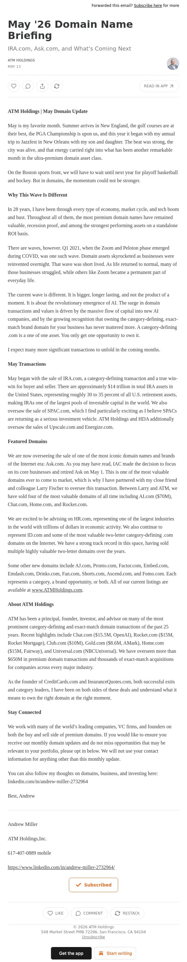 May '26 Domain Name Briefing email from Shed screenshot