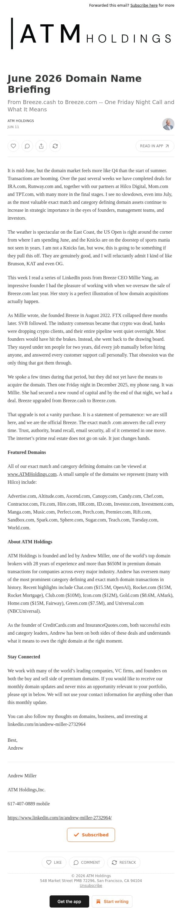 June 2026 Domain Name Briefing email from Shed screenshot