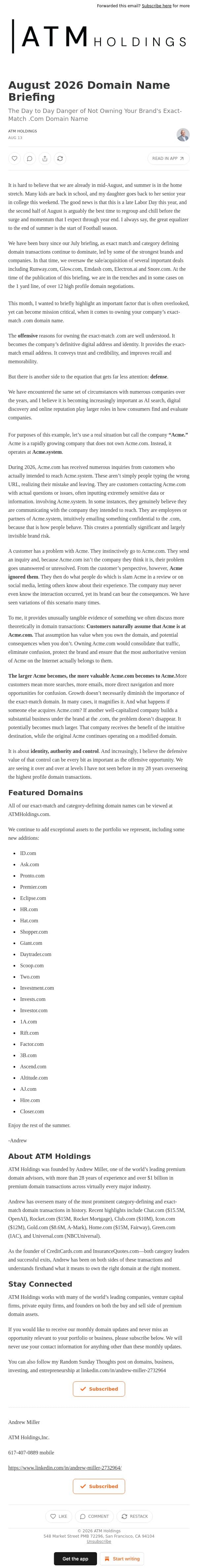 August 2026 Domain Name Briefing email from Shed screenshot