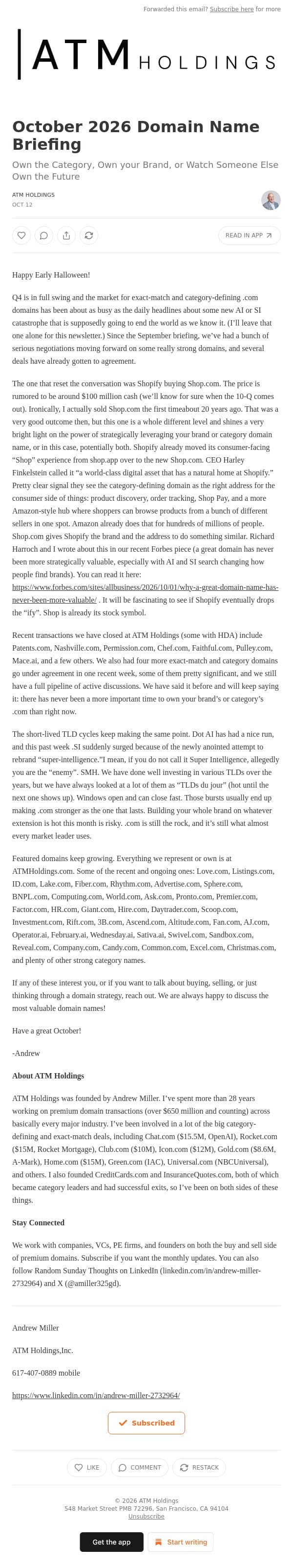 October 2026 Domain Name Briefing email from Shed screenshot