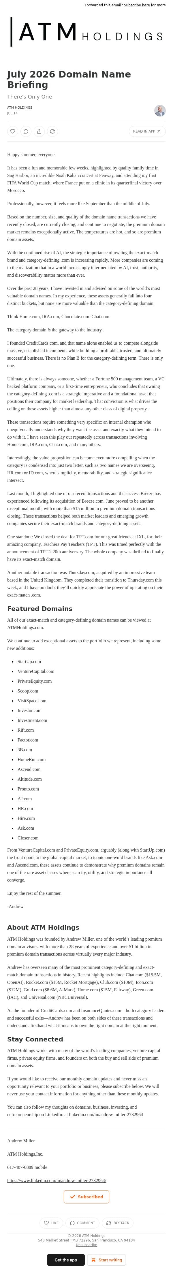 July 2026 Domain Name Briefing email from Shed screenshot