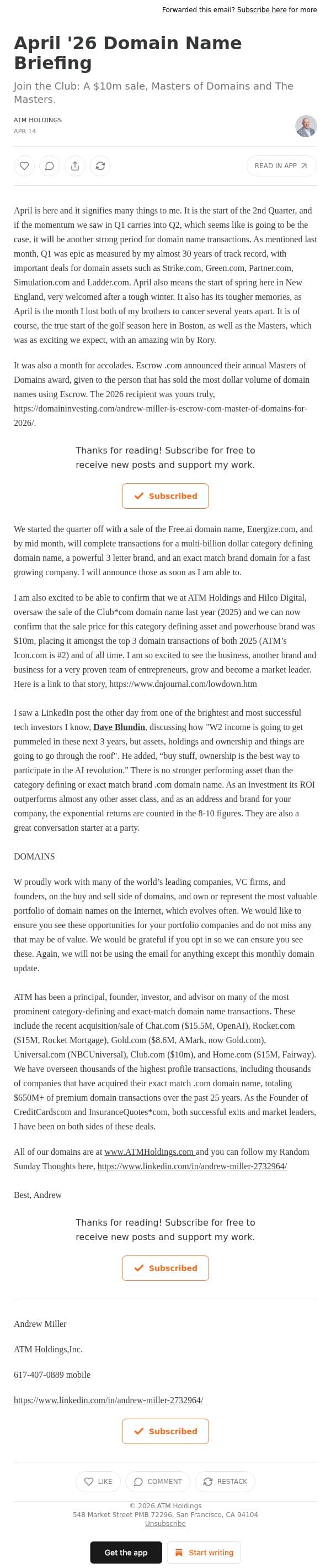 April '26 Domain Name Briefing email from Shed screenshot
