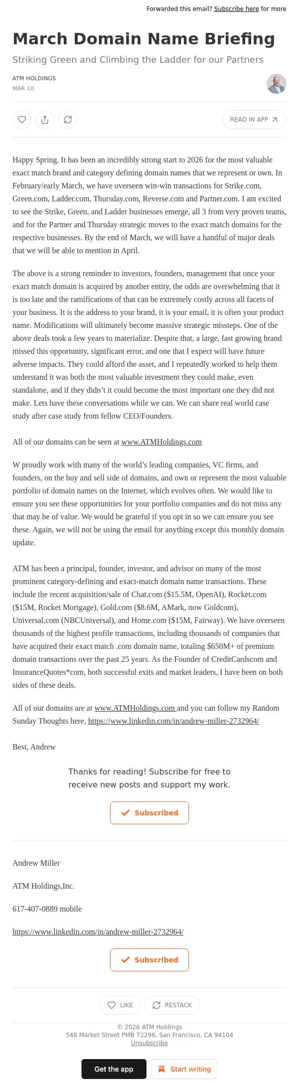 March Domain Name Briefing email from Shed screenshot
