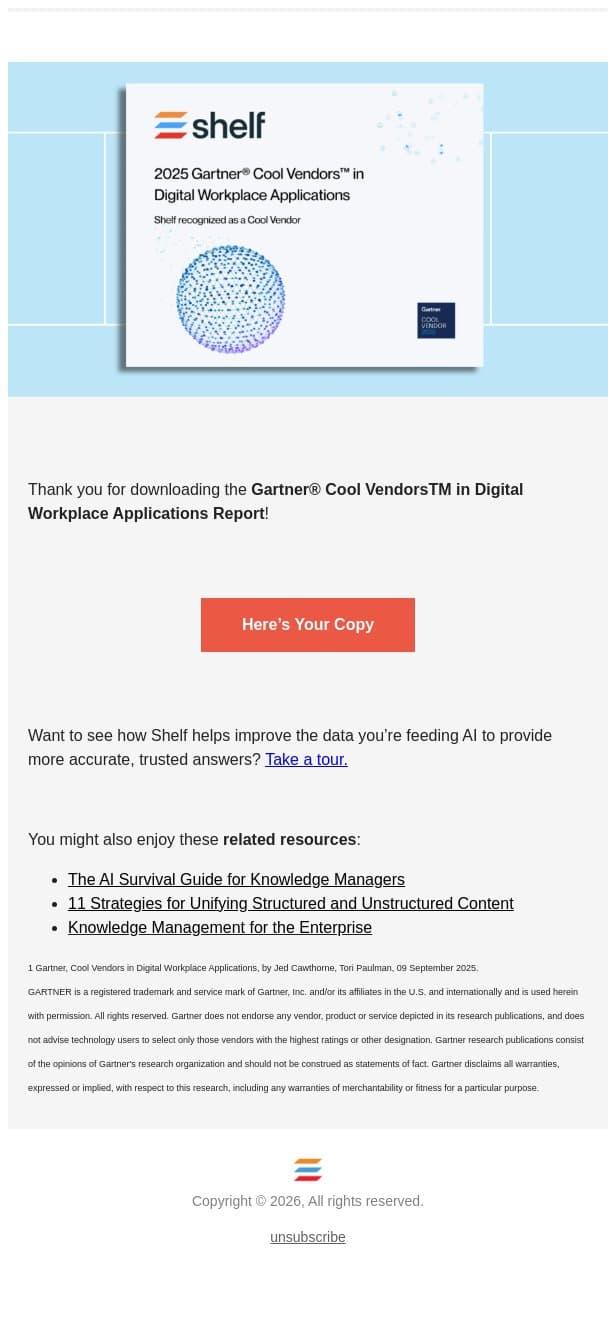 Thank you! Here’s your copy of the report. email from Shelf.io screenshot