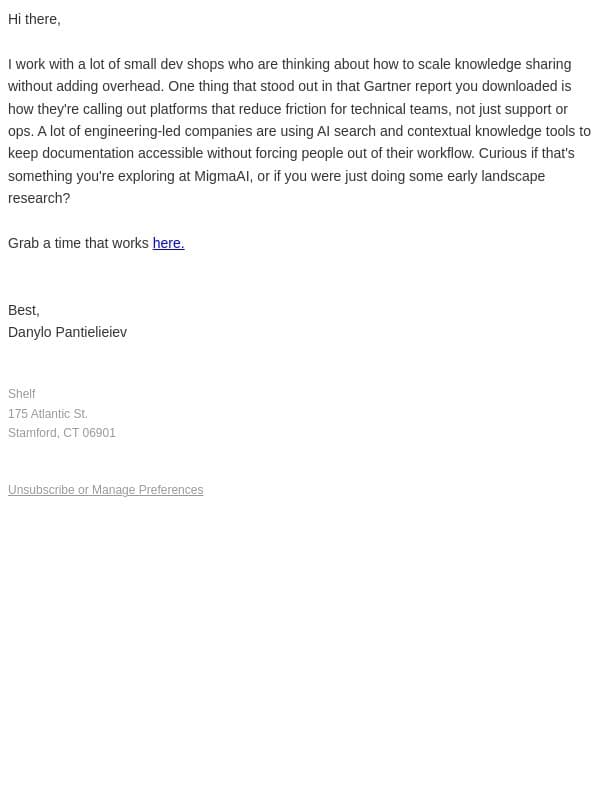 What small dev teams miss about knowledge ops email from Shelf.io screenshot