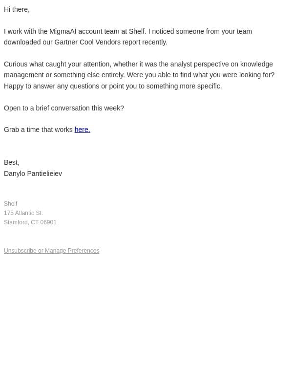 What small dev teams miss about analyst picks email from Shelf.io screenshot