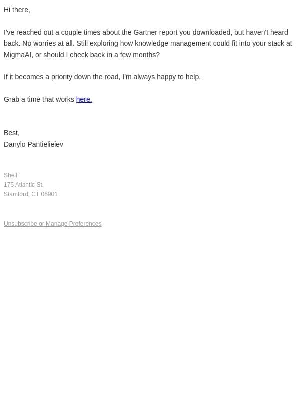 Should I assume the timing's off? email from Shelf.io screenshot