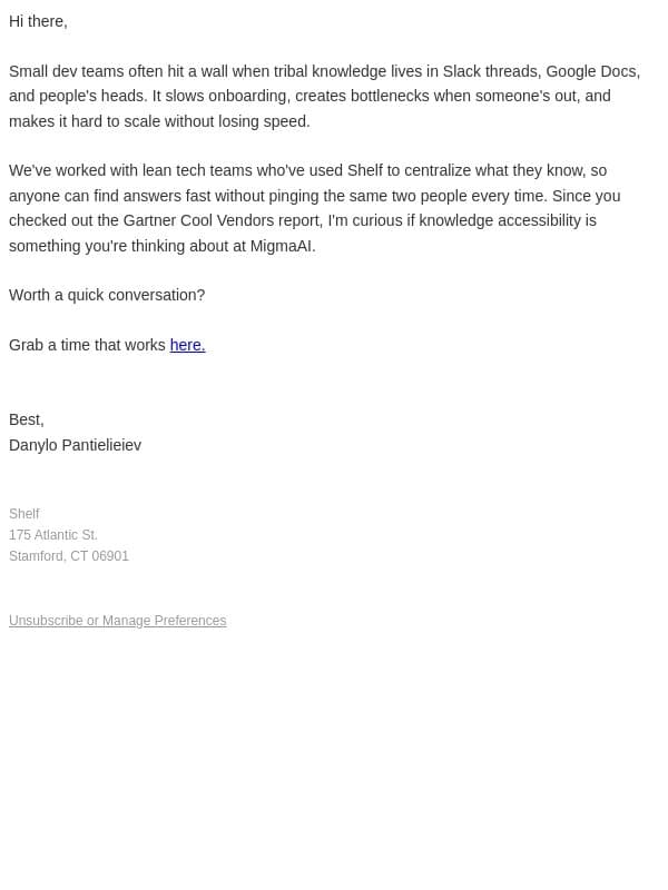 When small dev teams outgrow tribal knowledge email from Shelf.io screenshot