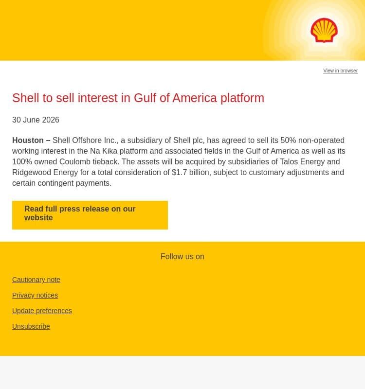 Shell to sell interest in Gulf of America platform email from Shell screenshot