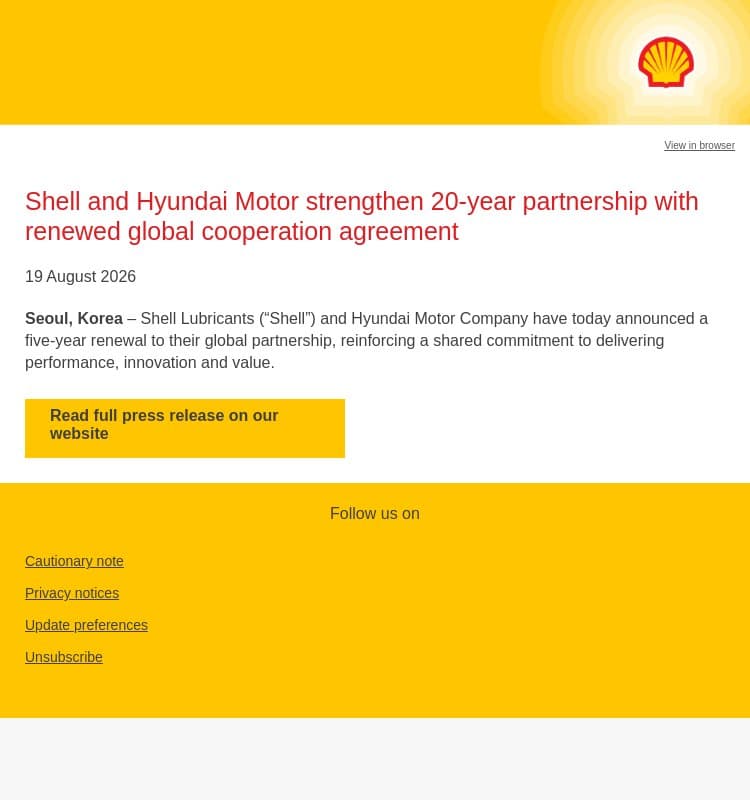 Shell and Hyundai Motor strengthen 20-year partnership with renewed global cooperation agreement email from Shell screenshot