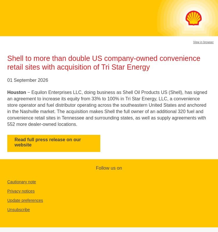 Shell to more than double US company-owned convenience retail sites with acquisition of Tri Star Energy email from Shell screenshot