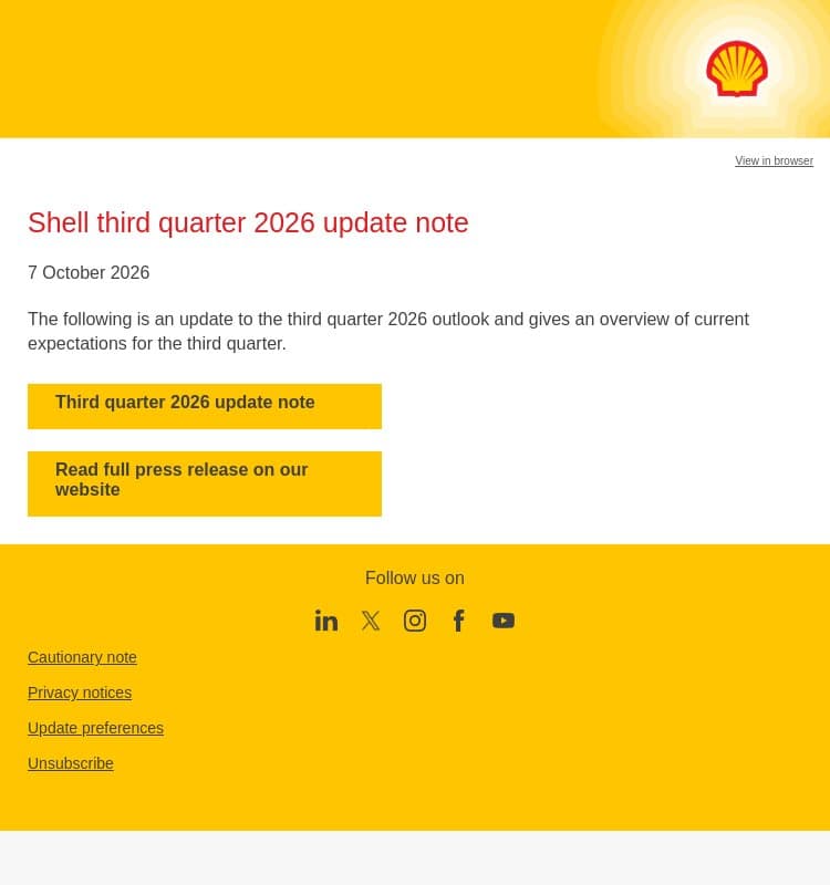 Shell third quarter 2026 update note email from Shell screenshot