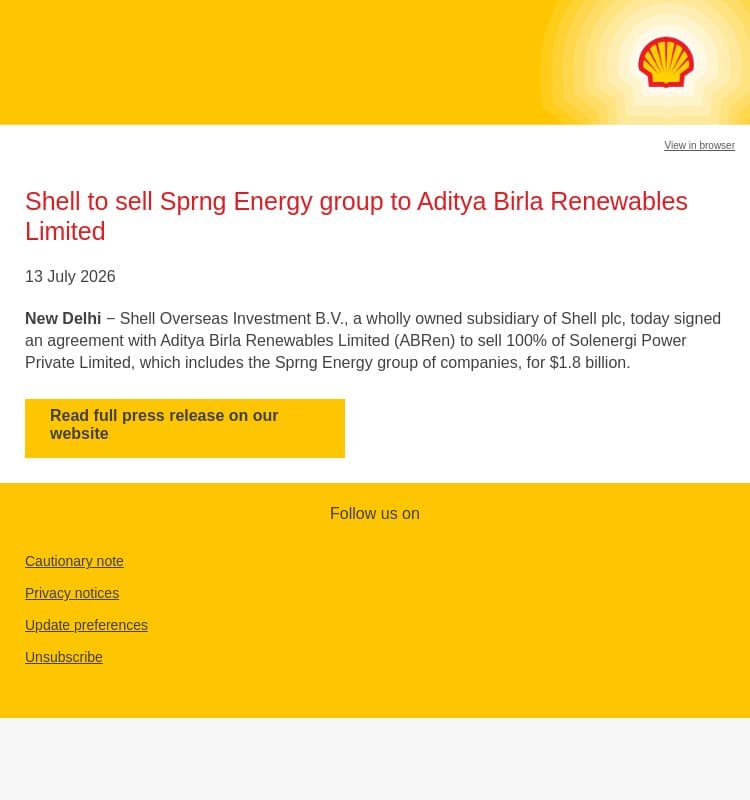 Shell to sell Sprng Energy group to Aditya Birla Renewables Limited email from Shell screenshot