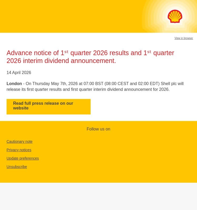 Advance notice of 1ˢᵗ quarter 2026 results and 1ˢᵗ quarter 2026 interim dividend announcement email from Shell screenshot