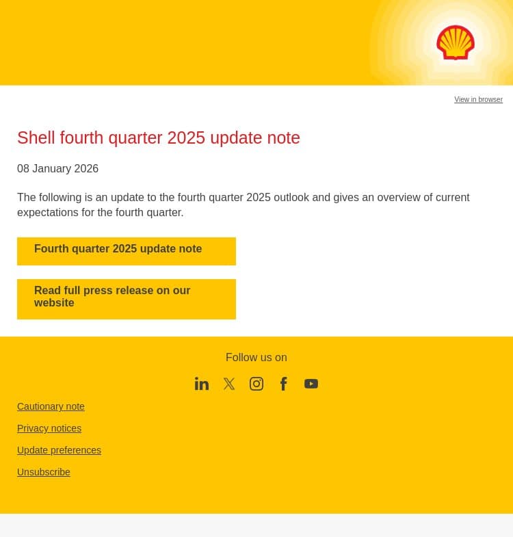 Shell fourth quarter 2025 update note email from Shell screenshot