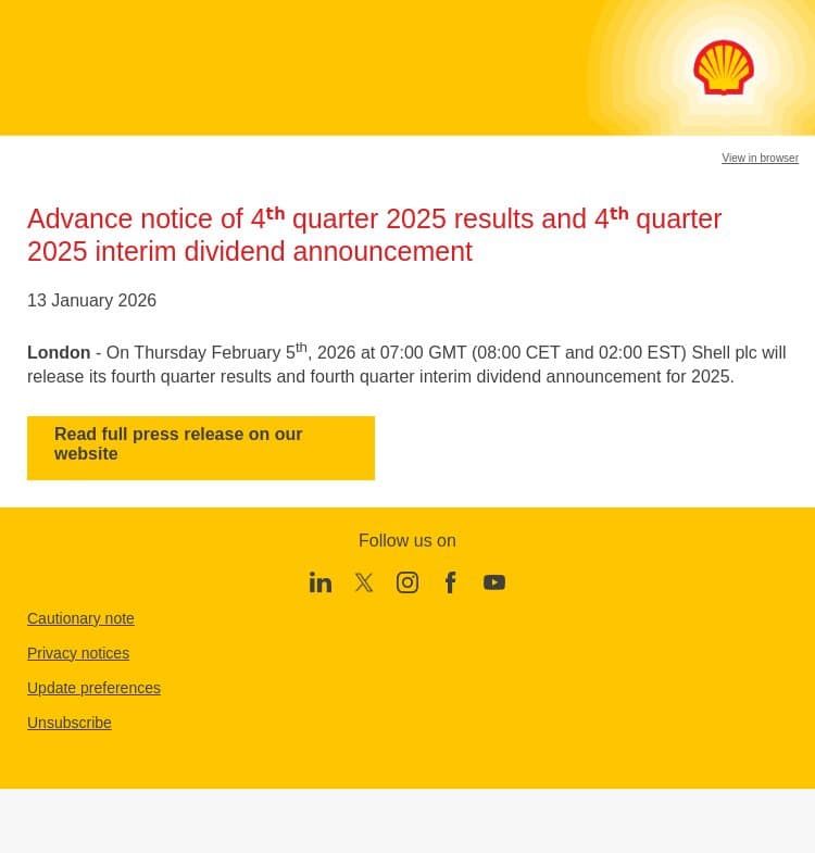 Advance notice of 4ᵗʰ quarter 2025 results and 4ᵗʰ quarter 2025 interim dividend announcement email from Shell screenshot