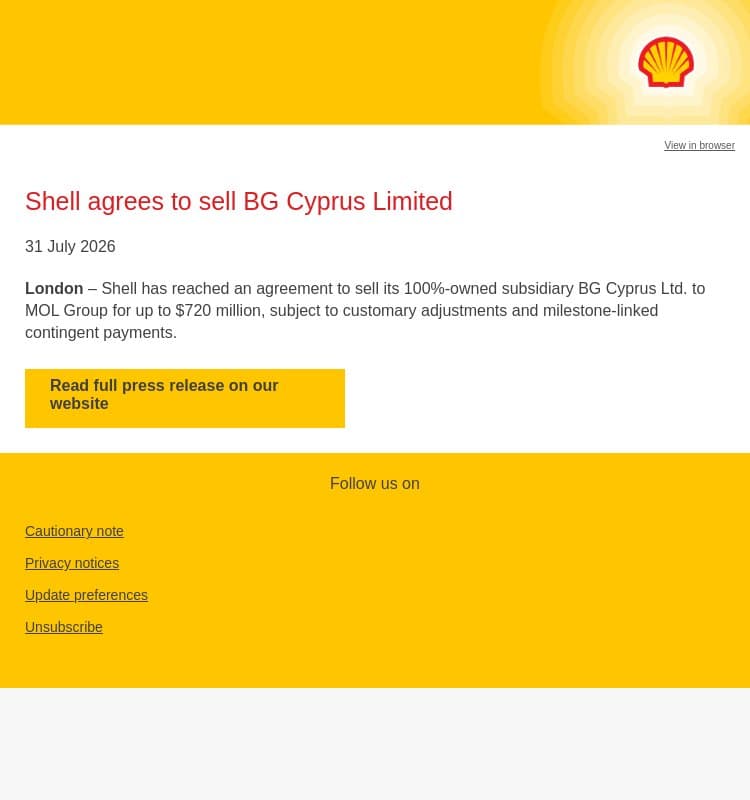 Shell agrees to sell BG Cyprus Limited email from Shell screenshot