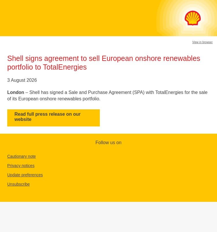 Shell signs agreement to sell European onshore renewables portfolio to TotalEnergies email from Shell screenshot