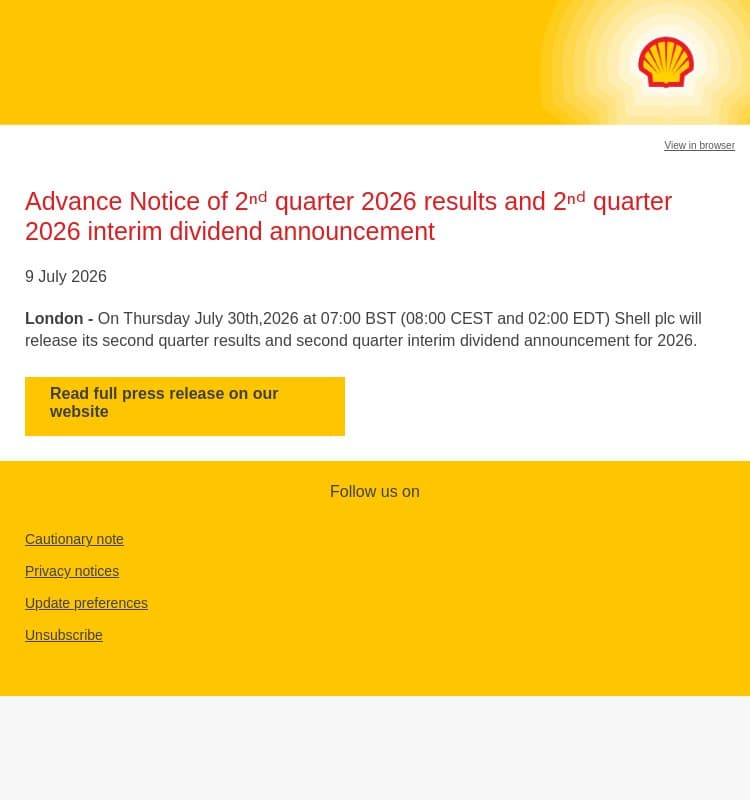 Advance Notice of 2ⁿᵈ quarter 2026 results and 2ⁿᵈ quarter 2026 interim dividend announcement email from Shell screenshot