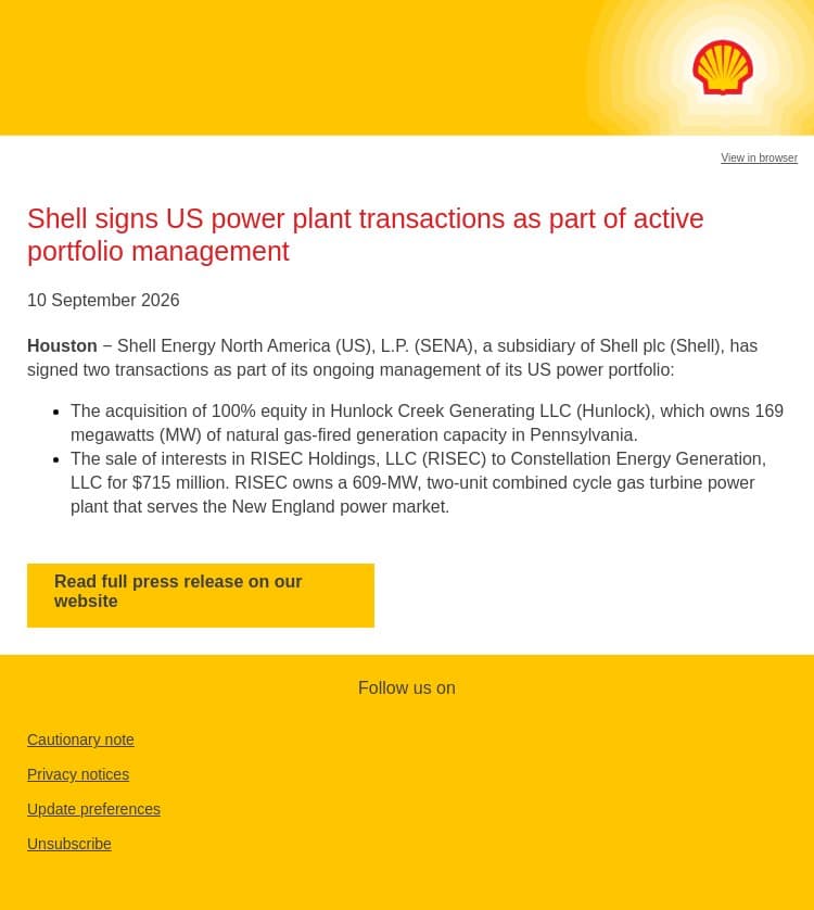 Shell signs US power plant transactions as part of active portfolio management email from Shell screenshot