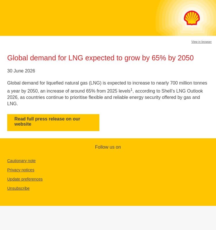 Global demand for LNG expected to grow by 65% by 2050 email from Shell screenshot