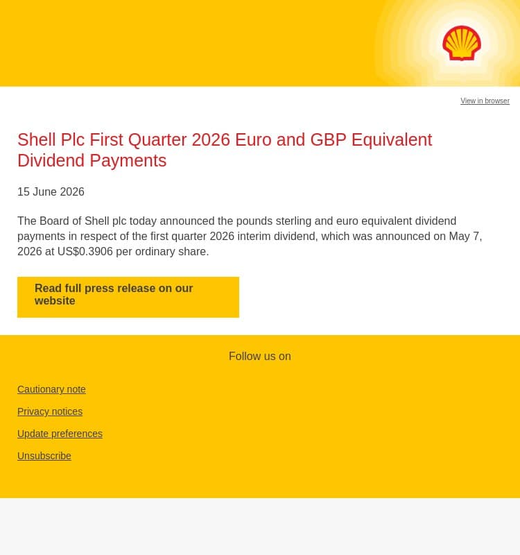 Shell Plc First Quarter 2026 Euro and GBP Equivalent Dividend Payments email from Shell screenshot