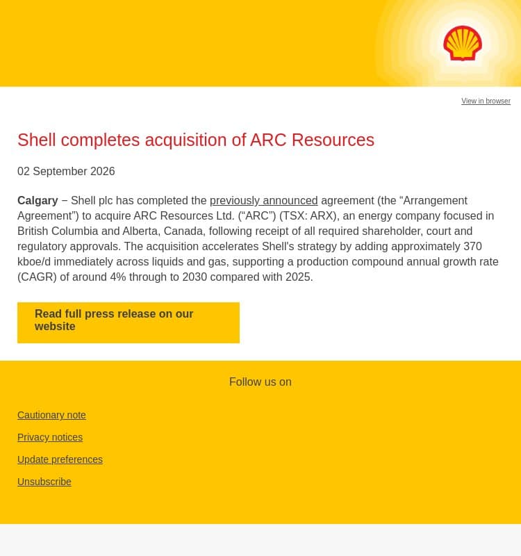 Shell completes acquisition of ARC Resources email from Shell screenshot
