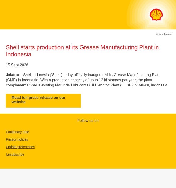 Shell starts production at its Grease Manufacturing Plant in Indonesia email from Shell screenshot
