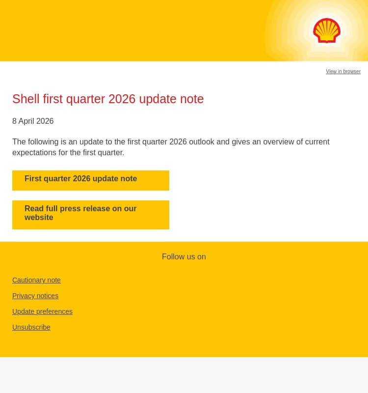 Shell first quarter 2026 update note email from Shell screenshot