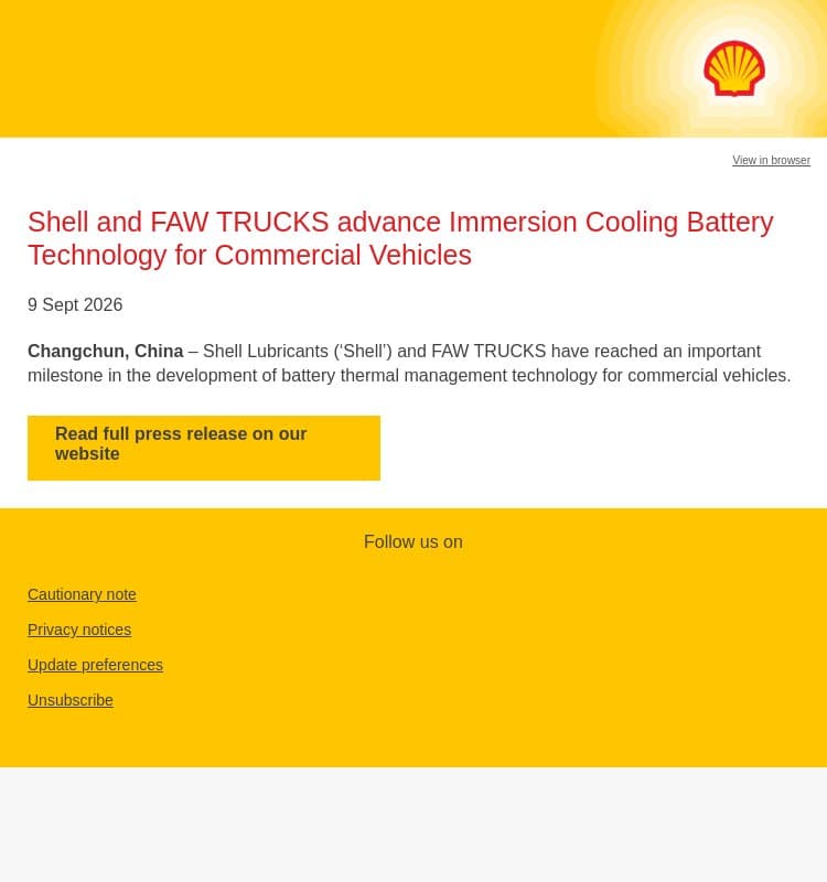 Shell and FAW TRUCKS advance Immersion Cooling Battery Technology for Commercial Vehicles email from Shell screenshot
