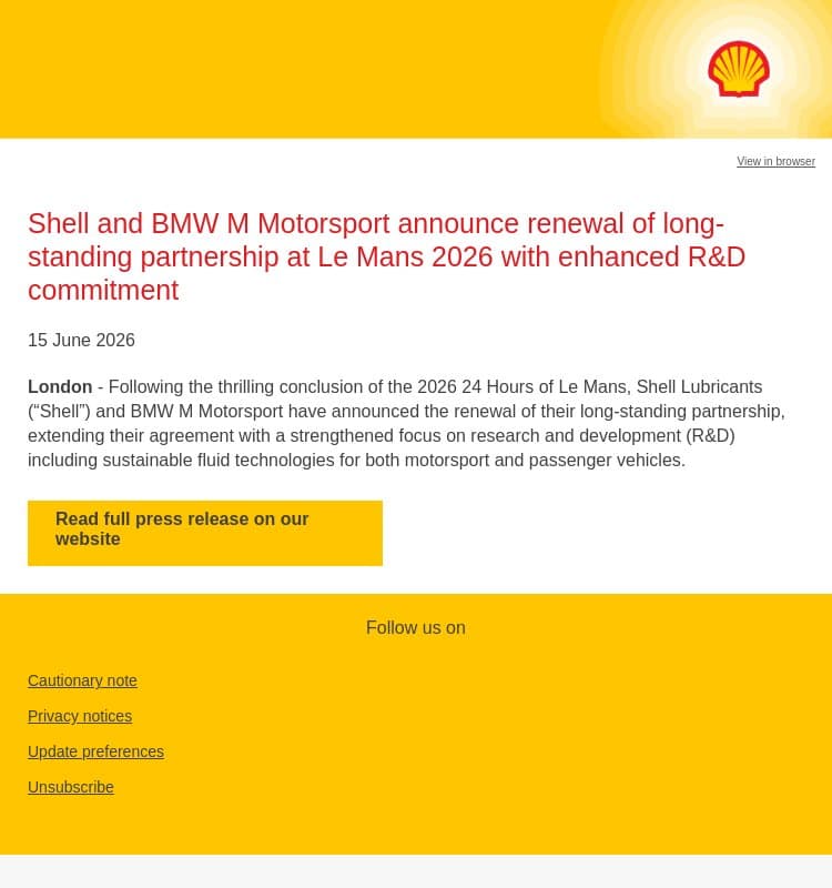 Shell and BMW M Motorsport announce renewal of long-standing partnership at Le Mans 2026 with enhanced R&D commitment email from Shell screenshot
