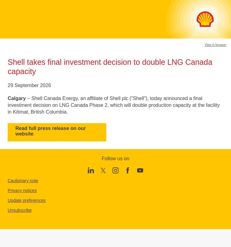 Shell takes final investment decision to double LNG Canada capacity email from Shell screenshot