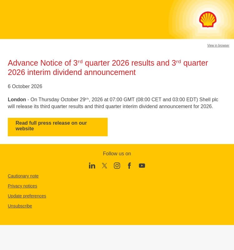 Advance Notice of 3ʳᵈ quarter 2026 results and 3ʳᵈ quarter 2026 interim dividend announcement email from Shell screenshot