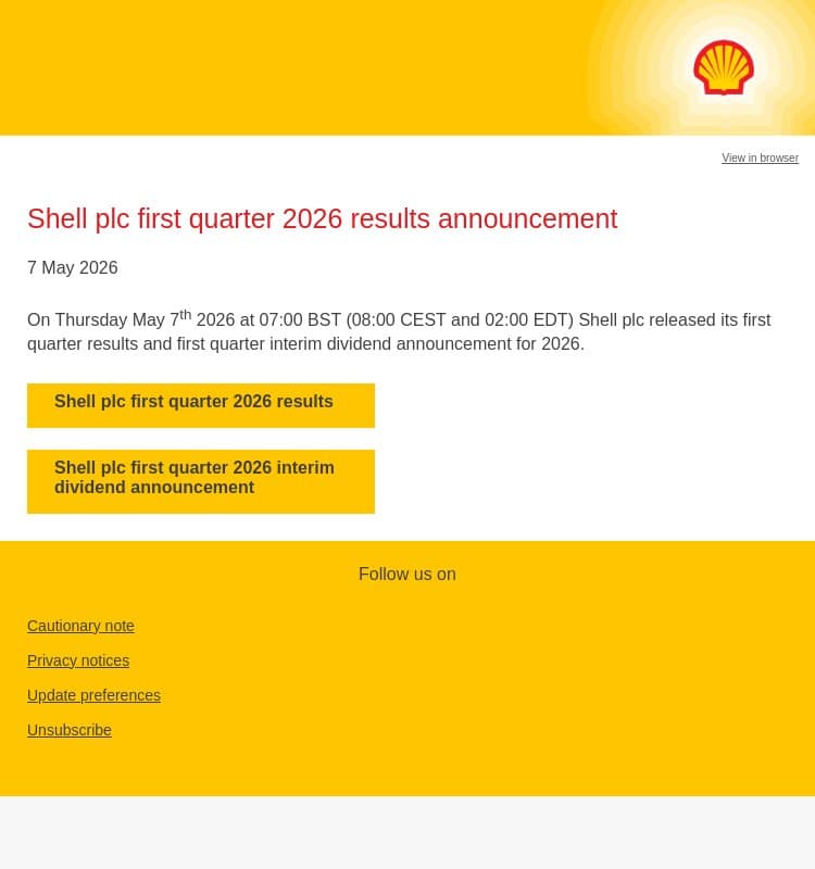 Shell plc first quarter 2026 results announcement email from Shell screenshot