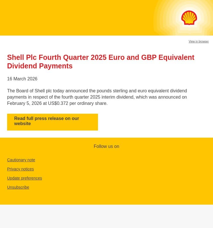 Shell Plc Fourth Quarter 2025 Euro and GBP Equivalent Dividend Payments email from Shell screenshot