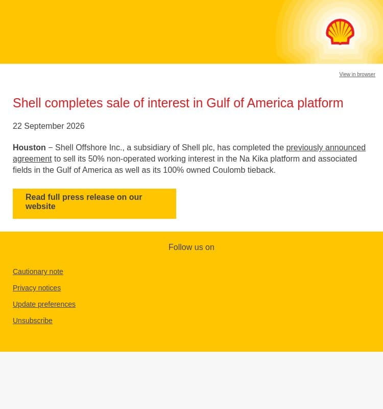 Shell completes sale of interest in Gulf of America platform email from Shell screenshot