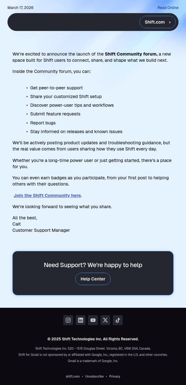 Join the new Shift Community forum! email from Shift screenshot