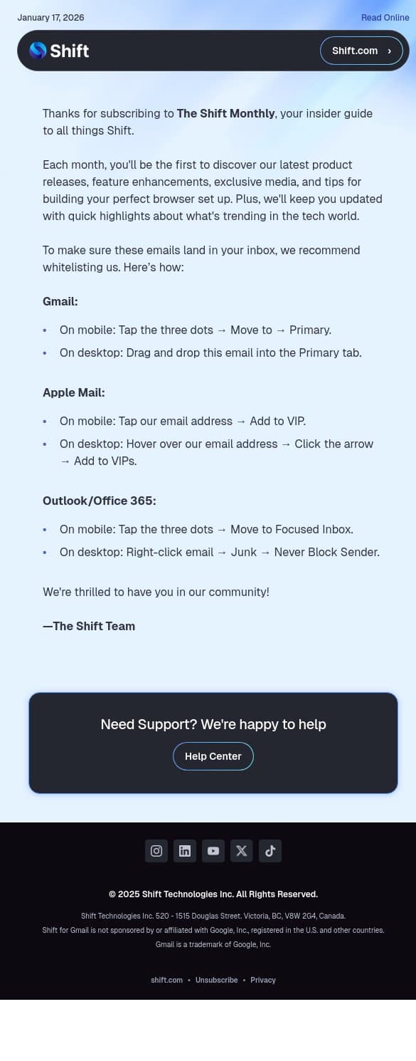 Thanks for joining The Shift Monthly! email from Shift screenshot