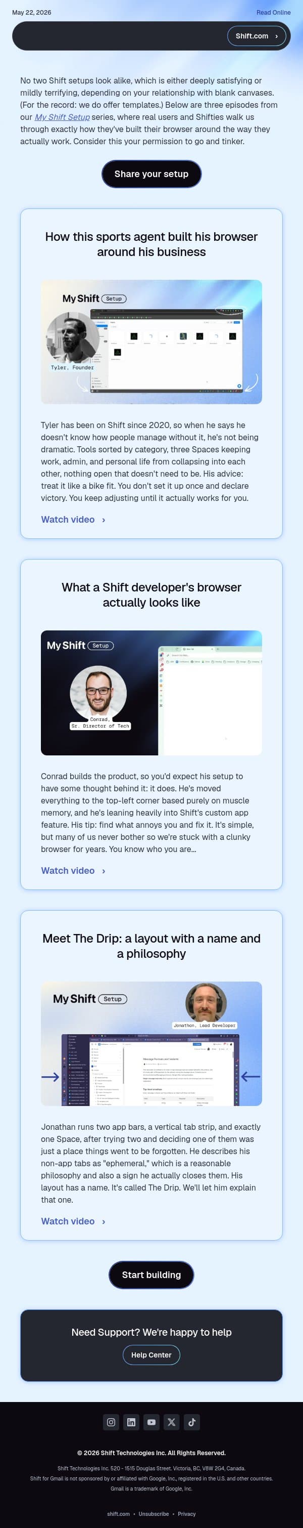 Three real Shift setups (one even has a name) email from Shift screenshot