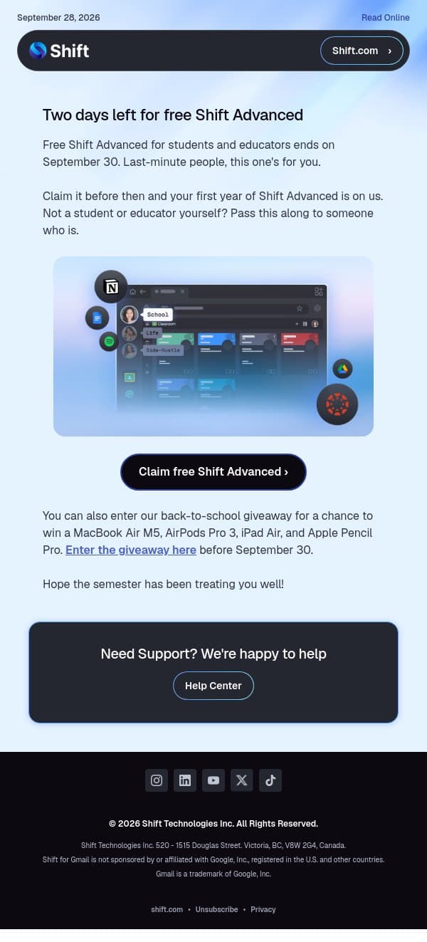 Last call for free Shift Advanced email from Shift screenshot