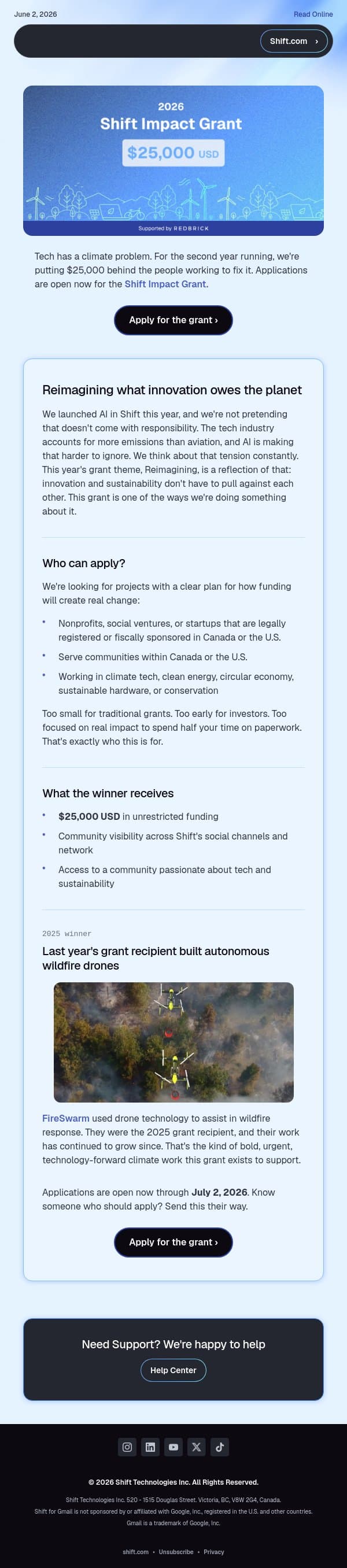 The Shift Impact Grant is back email from Shift screenshot