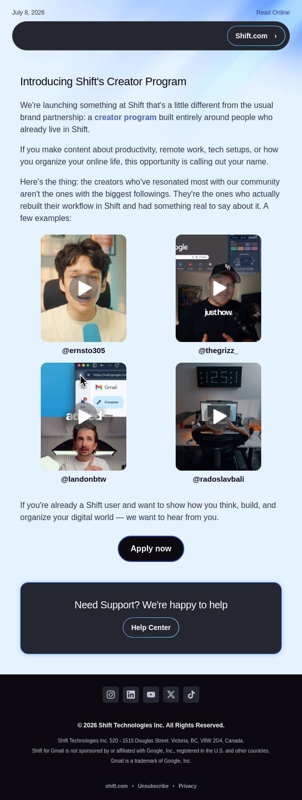 Turn your Shift setup into content (and get paid for it) email from Shift screenshot