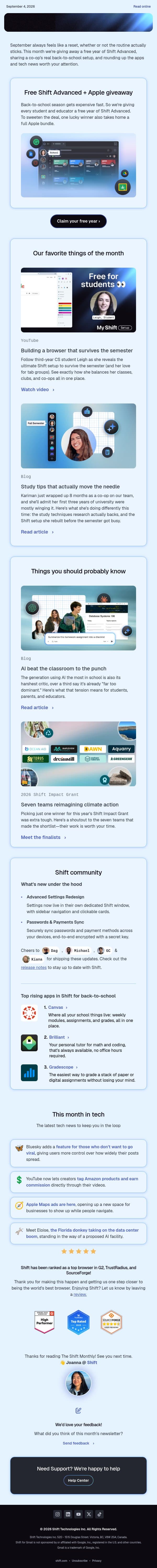 Back-to-school is here (and so is free Shift Advanced) email from Shift screenshot