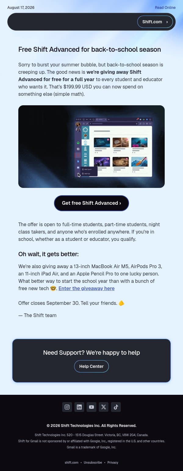 Get free Shift Advanced for this back-to-school season email from Shift screenshot